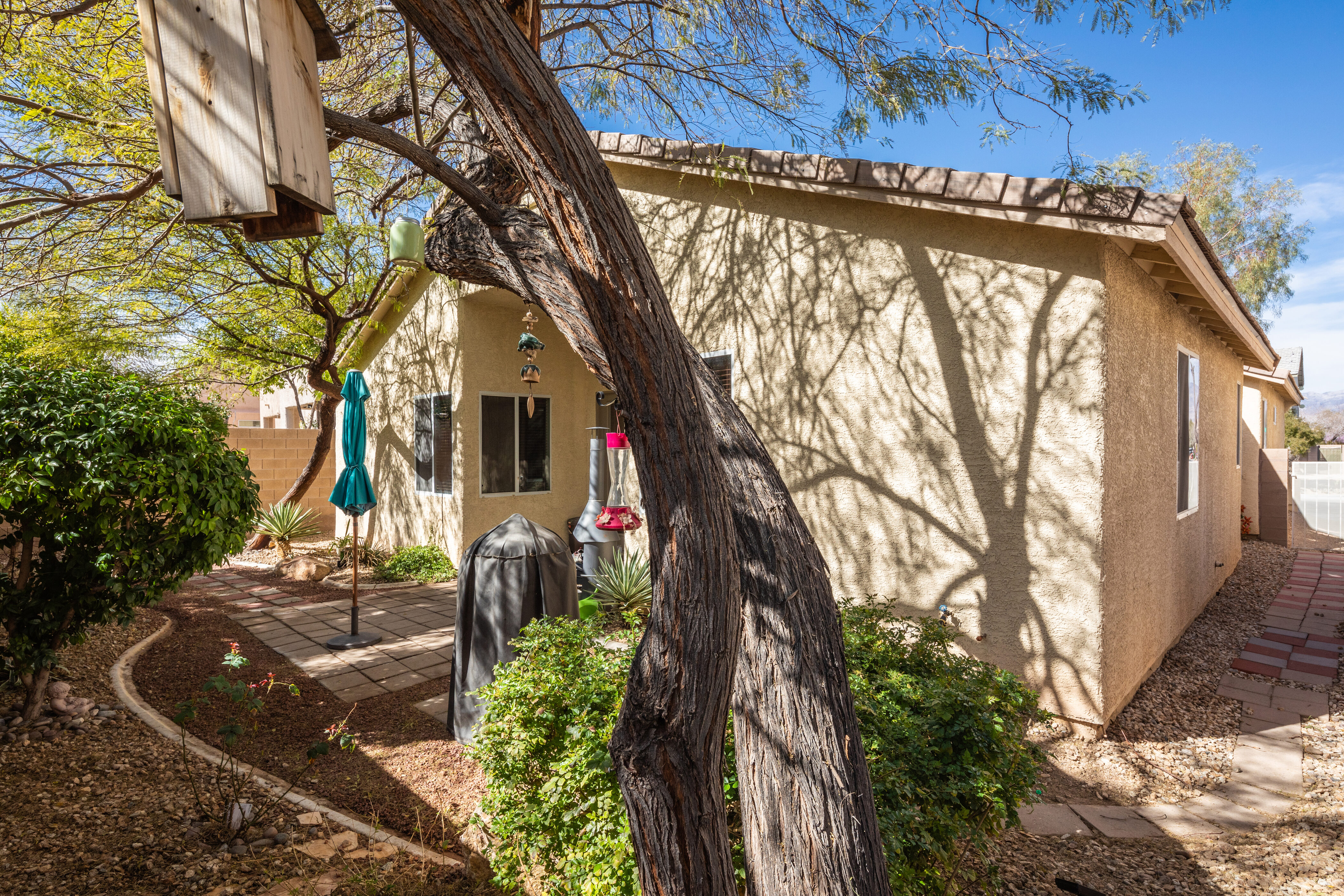 Architectural details of home exterior with landscaping